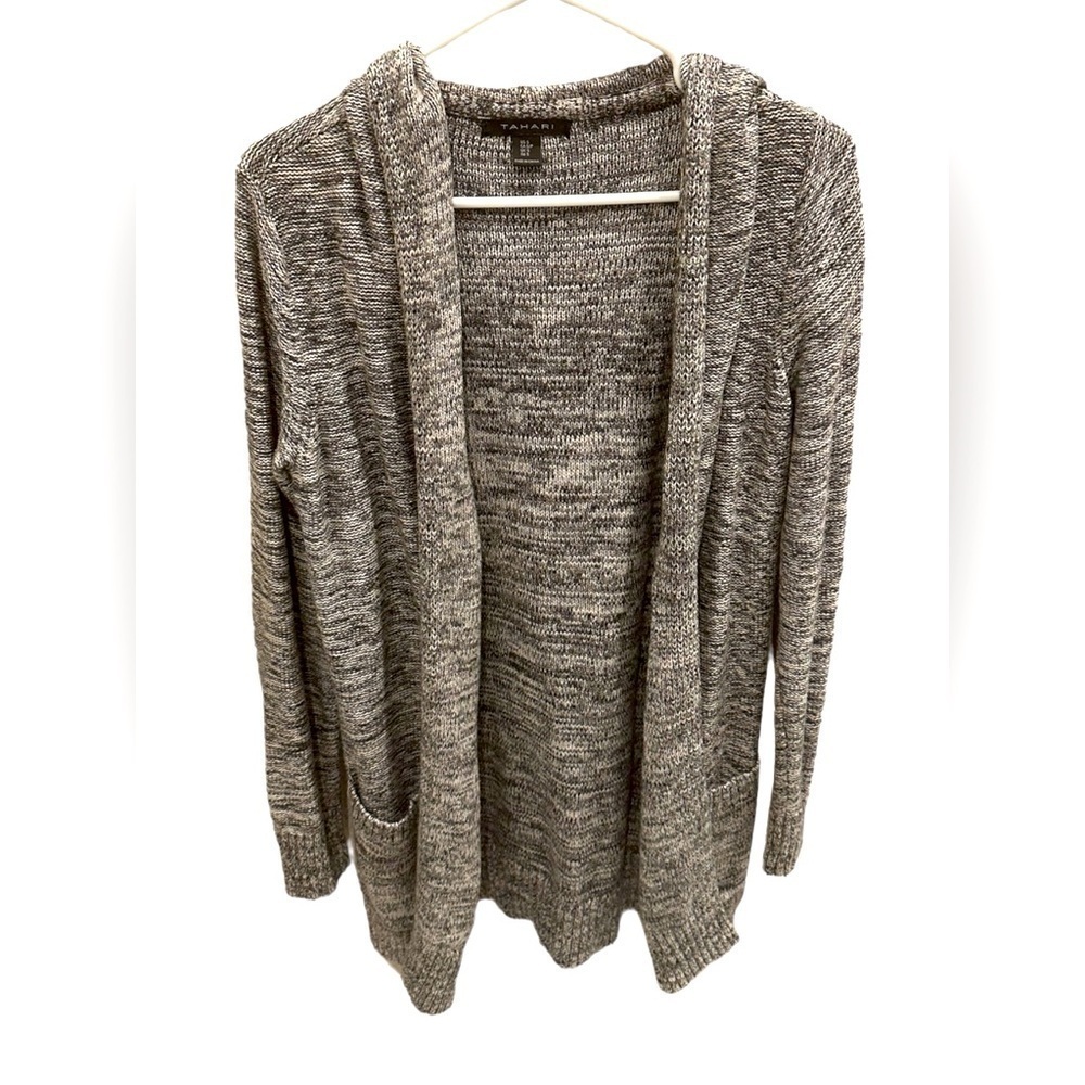 Tahari Women’s Cardigan Knit Hooded Gray Heathered Open Front Size Small